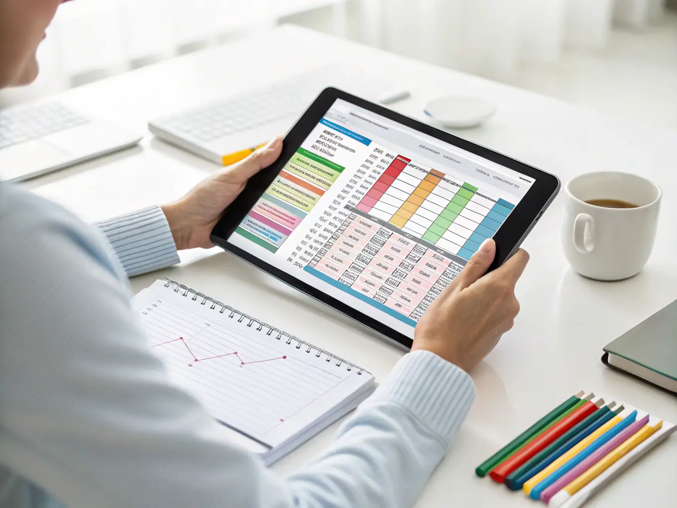 A virtual assistant meticulously organizing and analyzing data on a spreadsheet, highlighting accuracy and attention to detail.