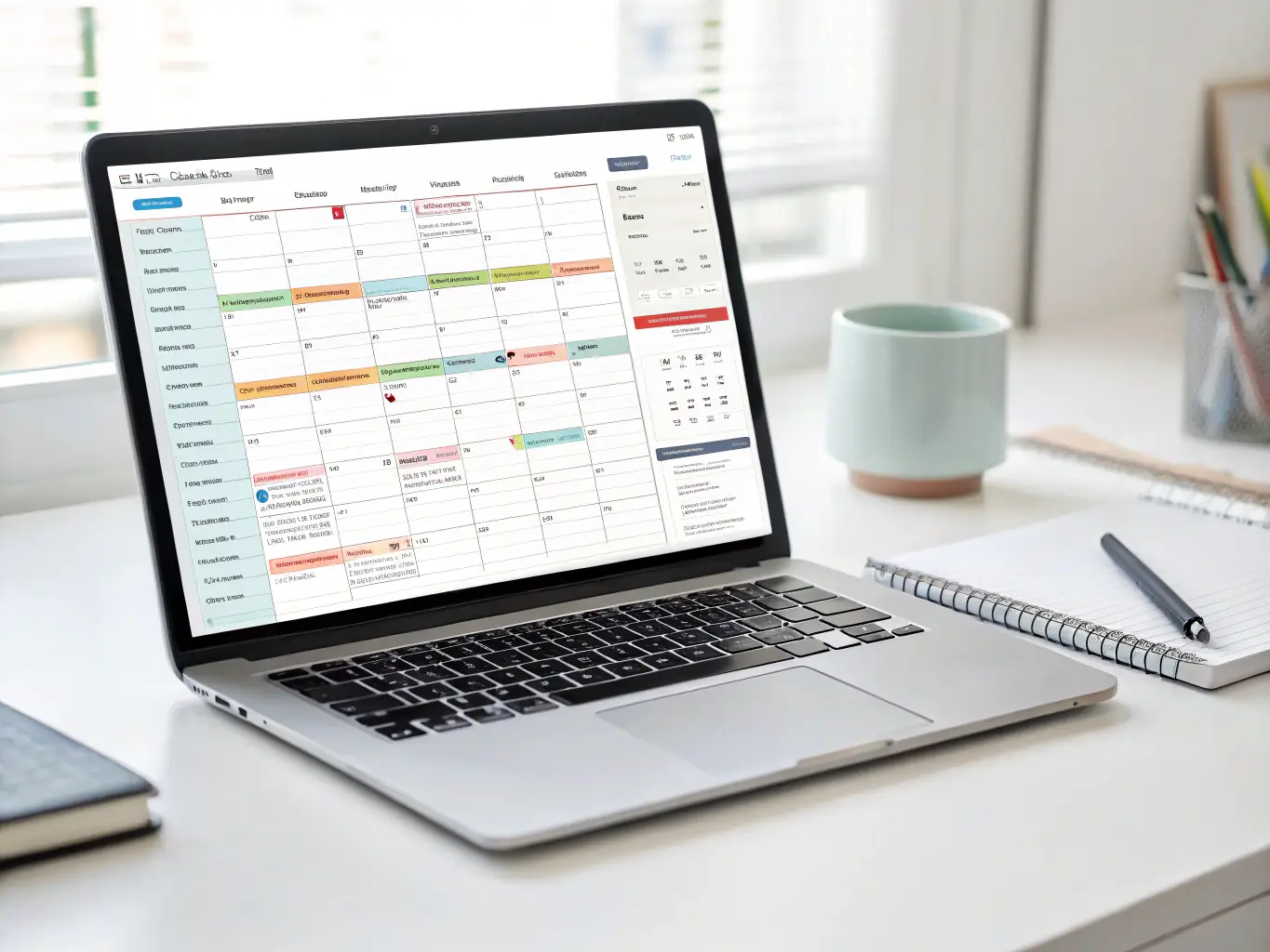 A virtual assistant efficiently managing a complex schedule on a digital calendar, showcasing time management and organizational skills.